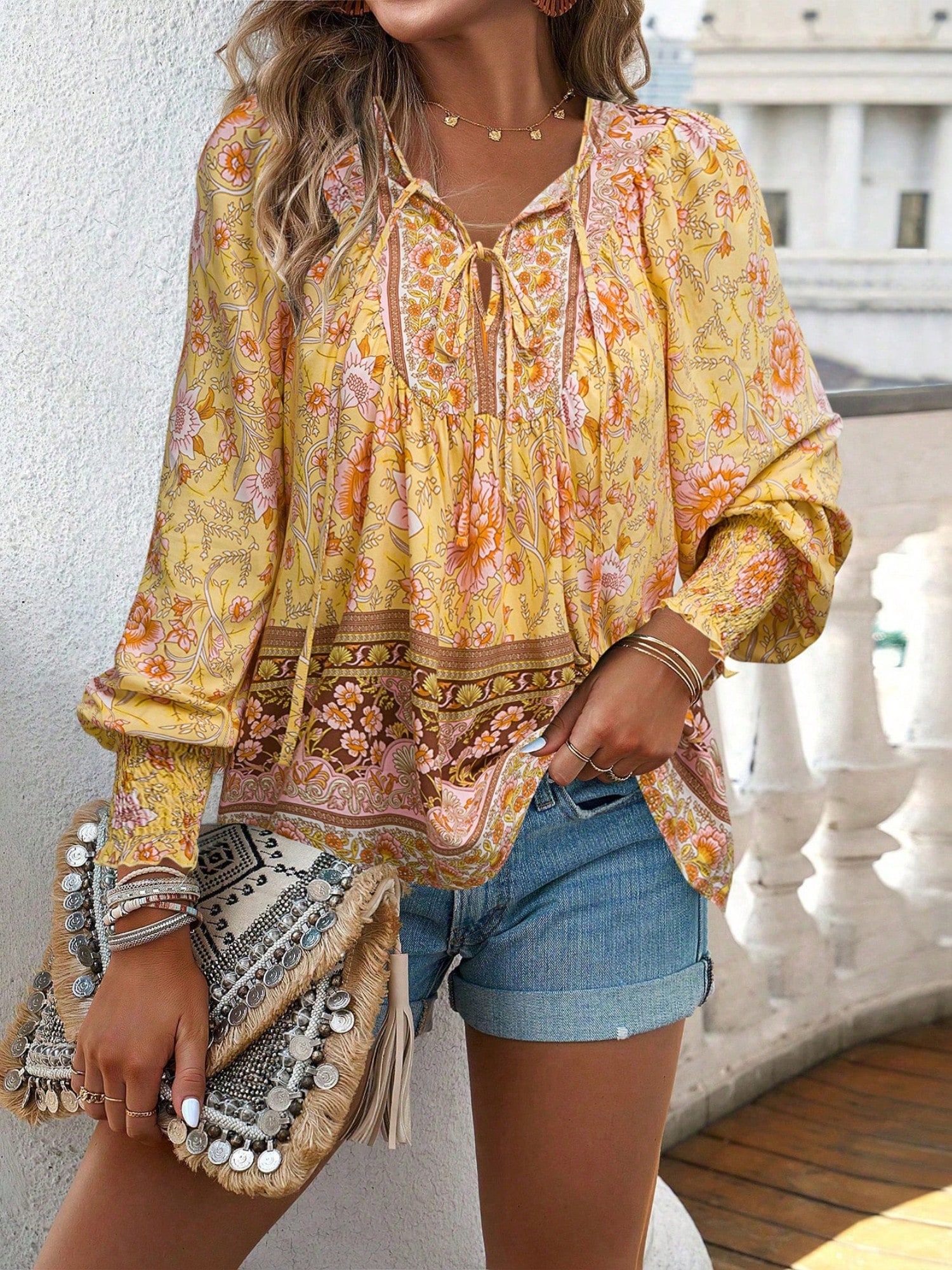 Women's Floral Boho Peasant Blouse With Long Sleeves And Tassel Tie - Picture 23 of 24