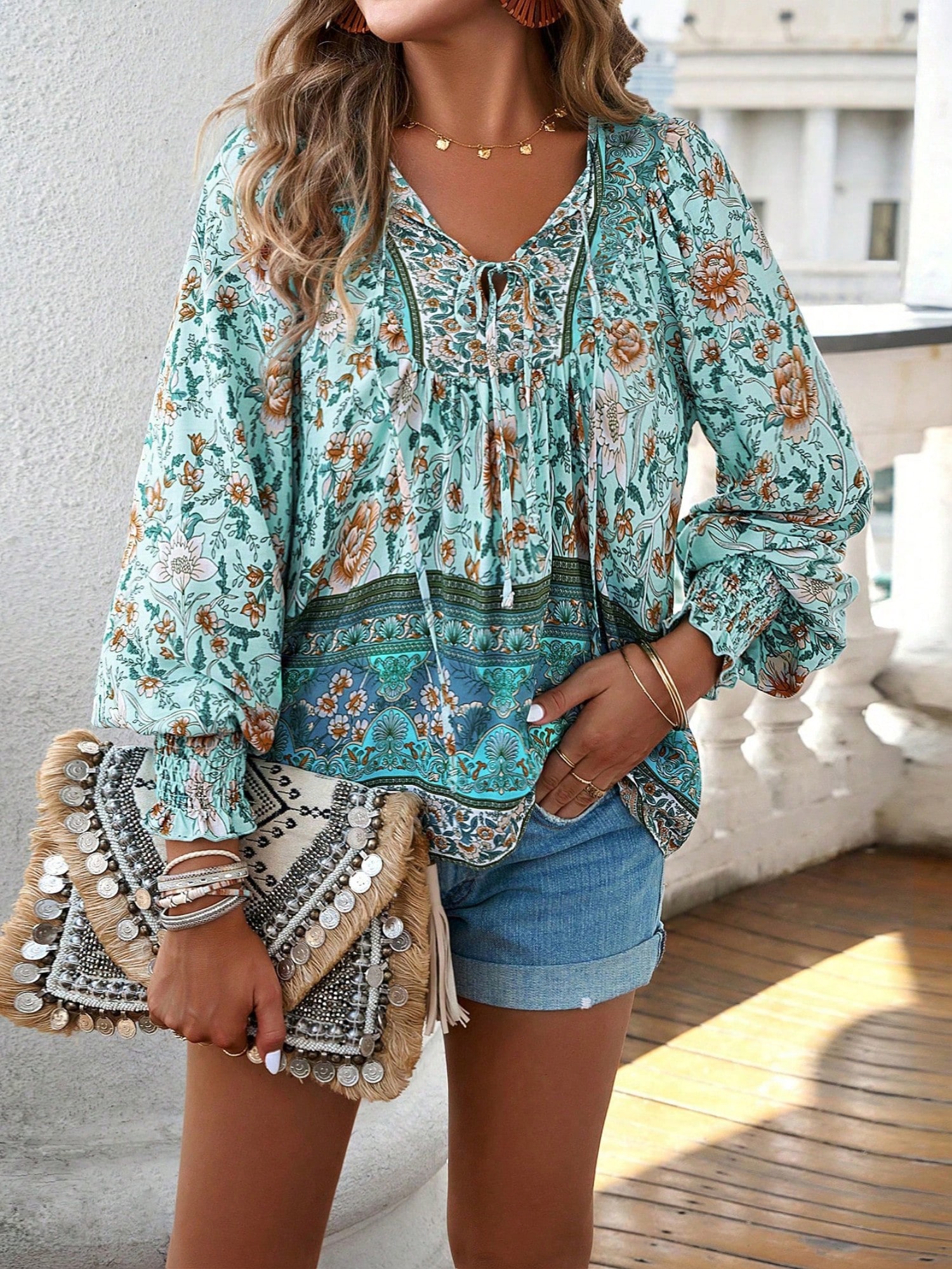 Women's Floral Boho Peasant Blouse With Long Sleeves And Tassel Tie - Picture 24 of 24
