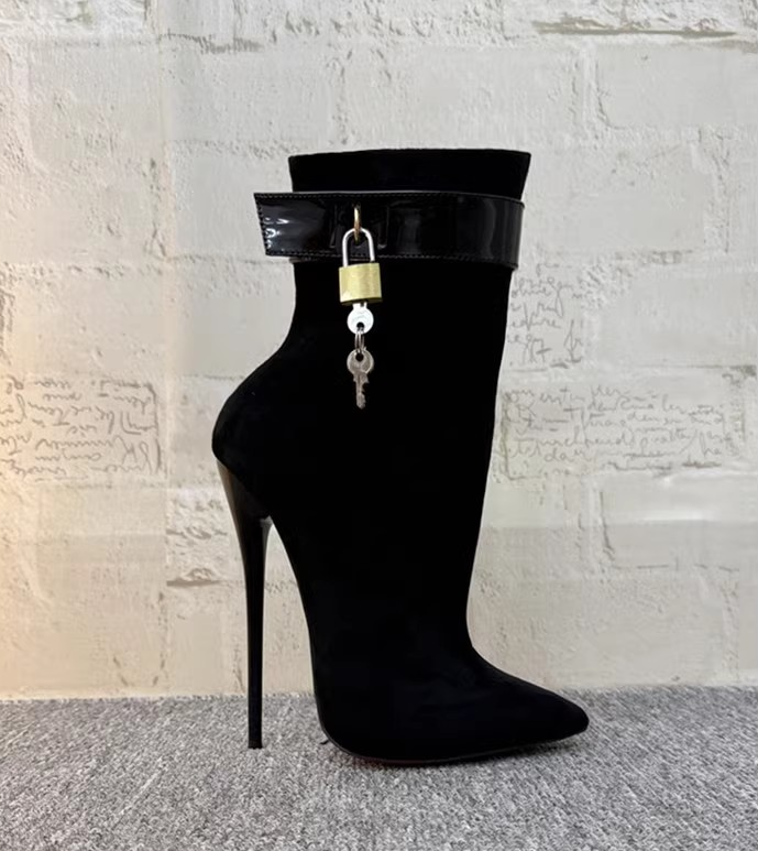 Womens Boots with Lock 16cm High Heels Sexy Pointed Toe Metal Ankle Boots Fetish - Picture 8 of 8