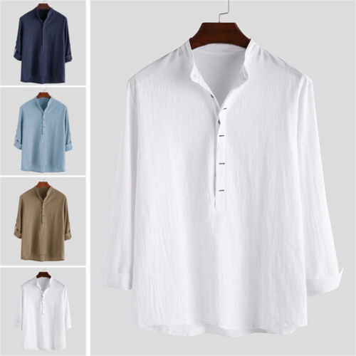 Herren Freizeit Slim Langarm Button Down Tops Blusen Locker Baumwolle Leinen Hemd - Bild 1 von 16