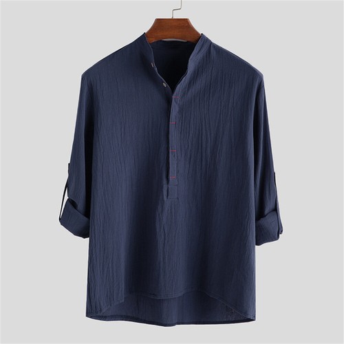 Herren Freizeit Slim Langarm Button Down Tops Blusen Locker Baumwolle Leinen Hemd - Bild 4 von 16