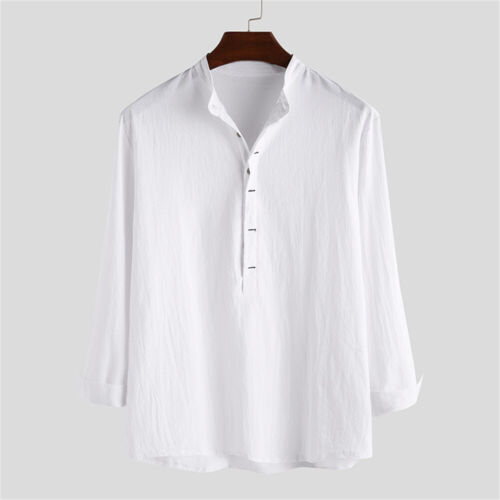 Herren Freizeit Slim Langarm Button Down Tops Blusen Locker Baumwolle Leinen Hemd - Bild 8 von 16