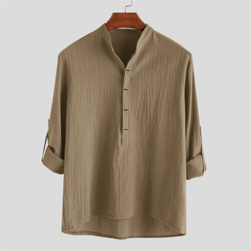 Herren Freizeit Slim Langarm Button Down Tops Blusen Locker Baumwolle Leinen Hemd - Bild 10 von 16