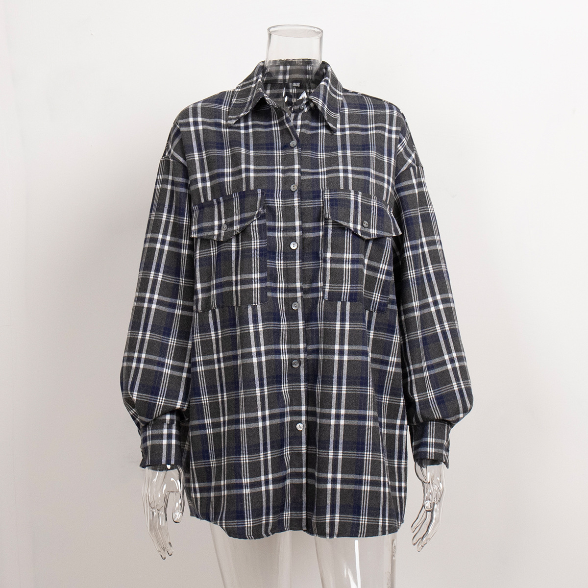 Women's Casual Retro Double Pocket Striped Checkered Lapel Shirt Cardigan Top - Picture 7 of 8