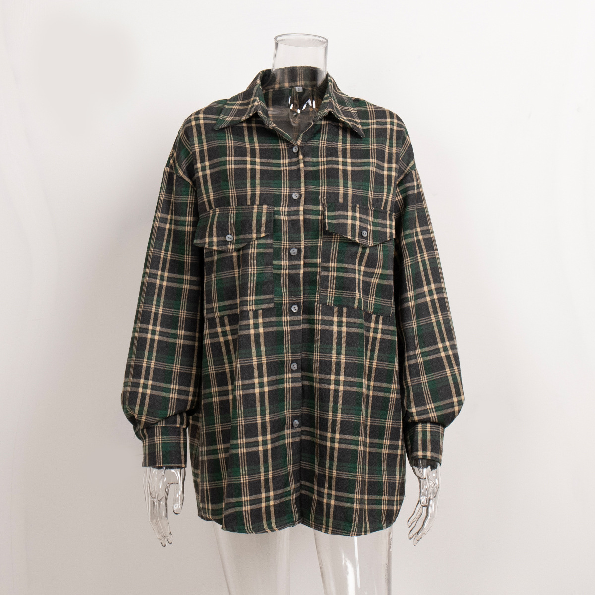 Women's Casual Retro Double Pocket Striped Checkered Lapel Shirt Cardigan Top - Picture 8 of 8