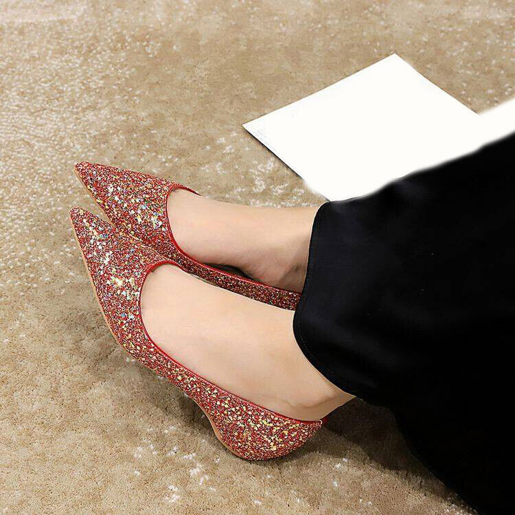 Bling Sequins Pointed Toe Pumps Women's Wedge Low Heels Party Formal Shoes OL Sz - Picture 16 of 16