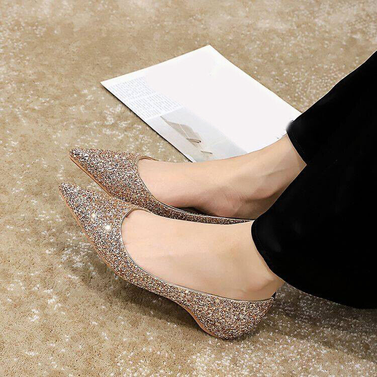 Bling Sequins Pointed Toe Pumps Women's Wedge Low Heels Party Formal Shoes OL Sz