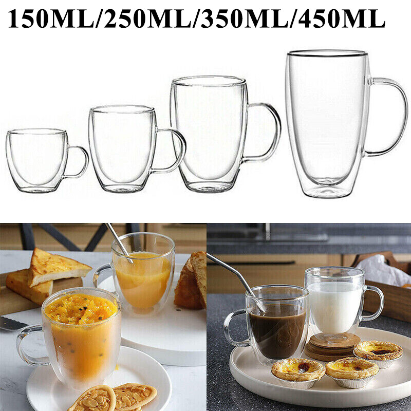 Double Wall Insulated Glass Coffee Glass Mug Tea Cup with Handle 250/350/450Ml