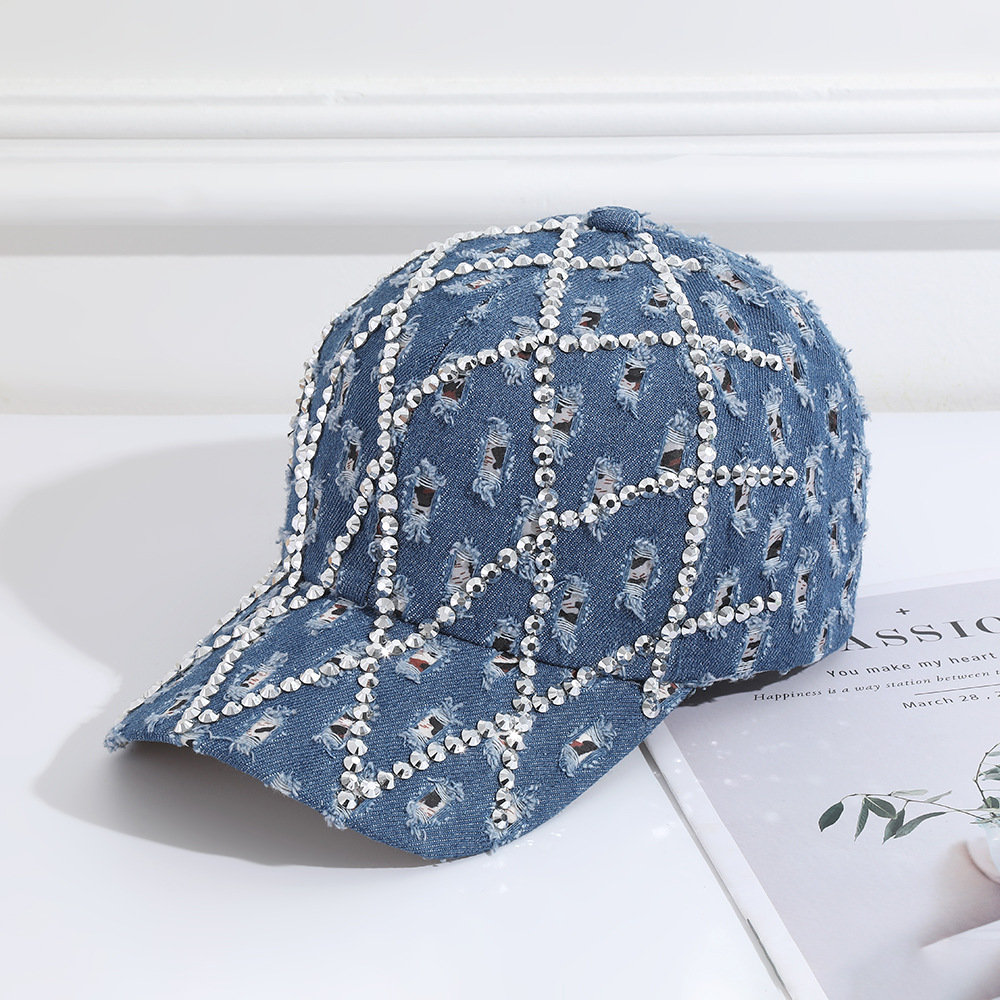 Washed Cotton Denim Hat diamond Shape Bling Rhinestones Baseball Cap Adjustable - Picture 11 of 13
