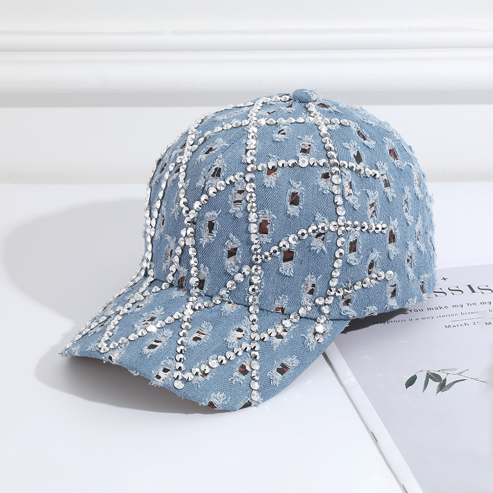 Washed Cotton Denim Hat diamond Shape Bling Rhinestones Baseball Cap Adjustable - Picture 12 of 13