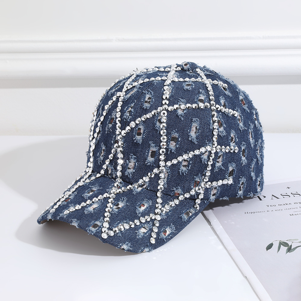 Washed Cotton Denim Hat diamond Shape Bling Rhinestones Baseball Cap Adjustable - Picture 13 of 13