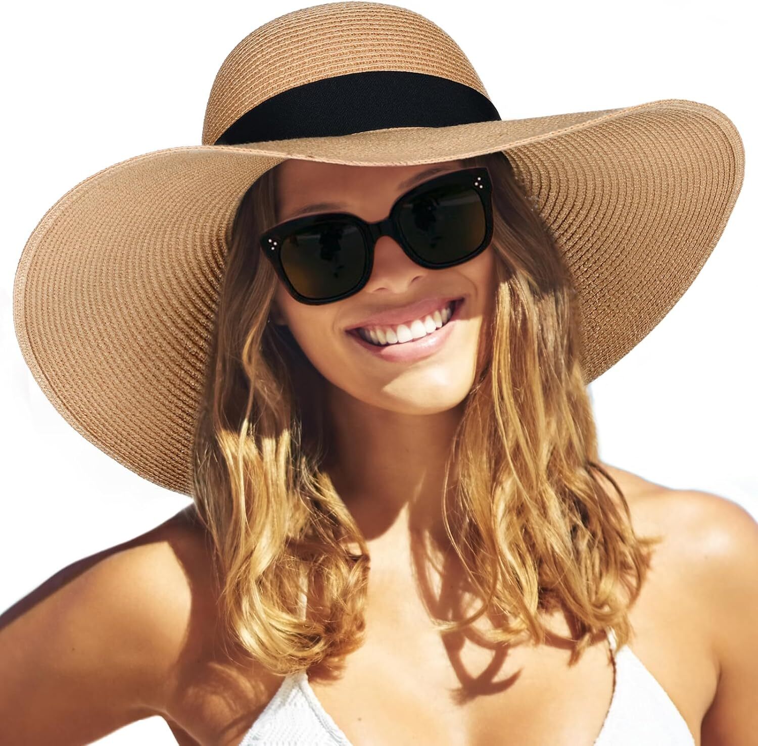 Womens Wide Brim Straw Sun Hat UPF 80 Foldable Packable Floppy Beach Hat - Picture 25 of 51