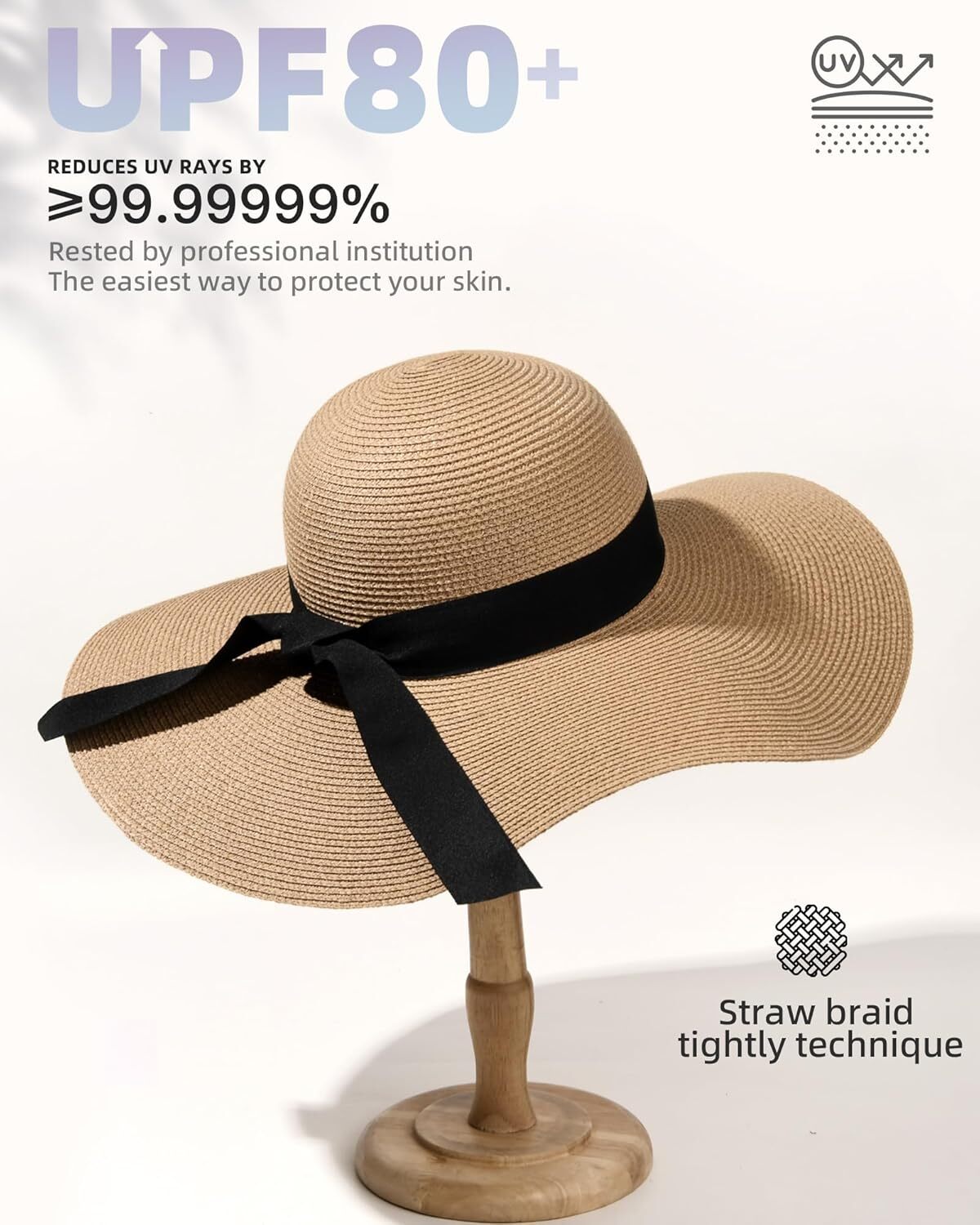Womens Wide Brim Straw Sun Hat UPF 80 Foldable Packable Floppy Beach Hat - Picture 26 of 51