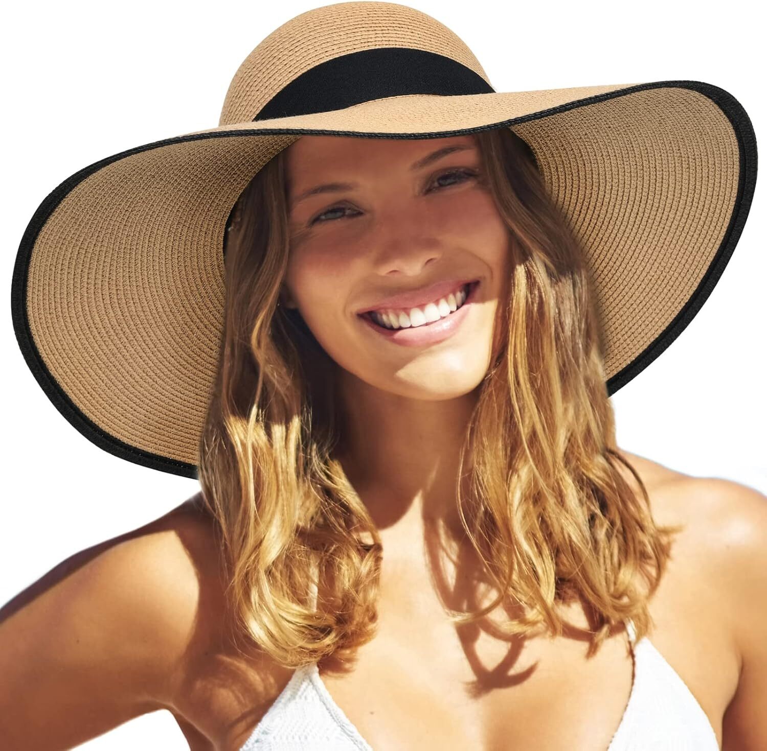 Womens Wide Brim Straw Sun Hat UPF 80 Foldable Packable Floppy Beach Hat - Picture 32 of 51