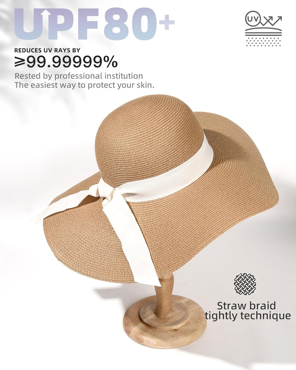 Womens Wide Brim Straw Sun Hat UPF 80 Foldable Packable Floppy Beach Hat - Picture 36 of 51