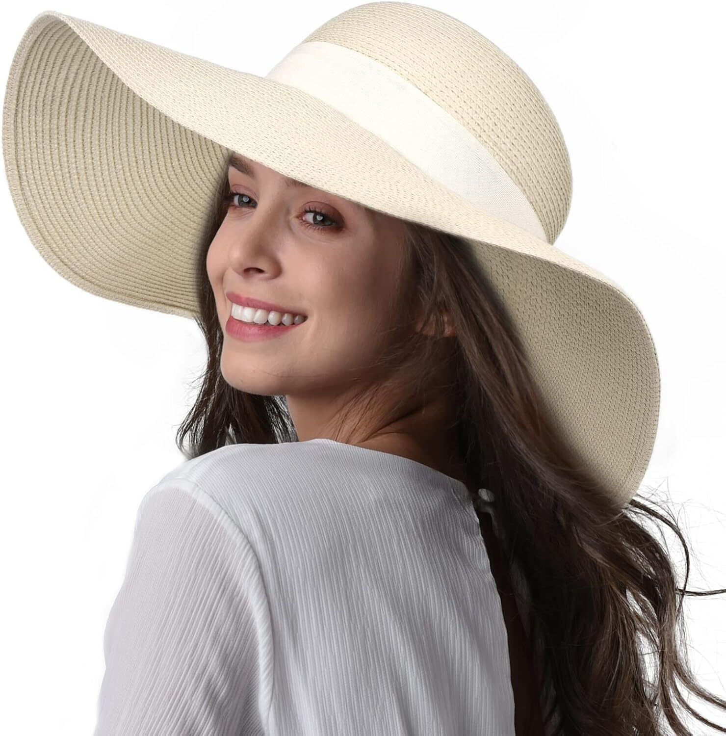 Womens Wide Brim Straw Sun Hat UPF 80 Foldable Packable Floppy Beach Hat - Picture 38 of 51