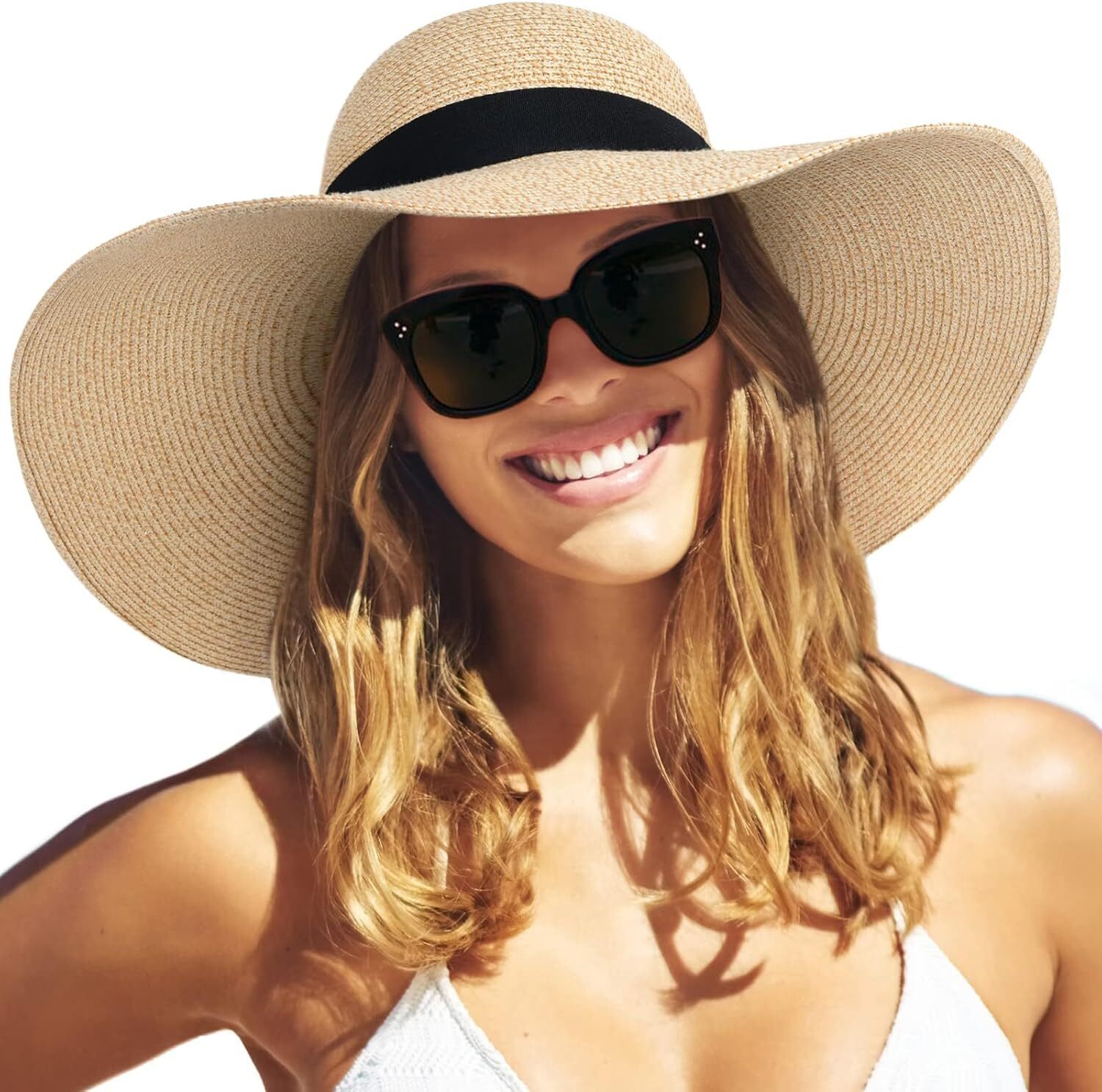Womens Wide Brim Straw Sun Hat UPF 80 Foldable Packable Floppy Beach Hat - Picture 42 of 51