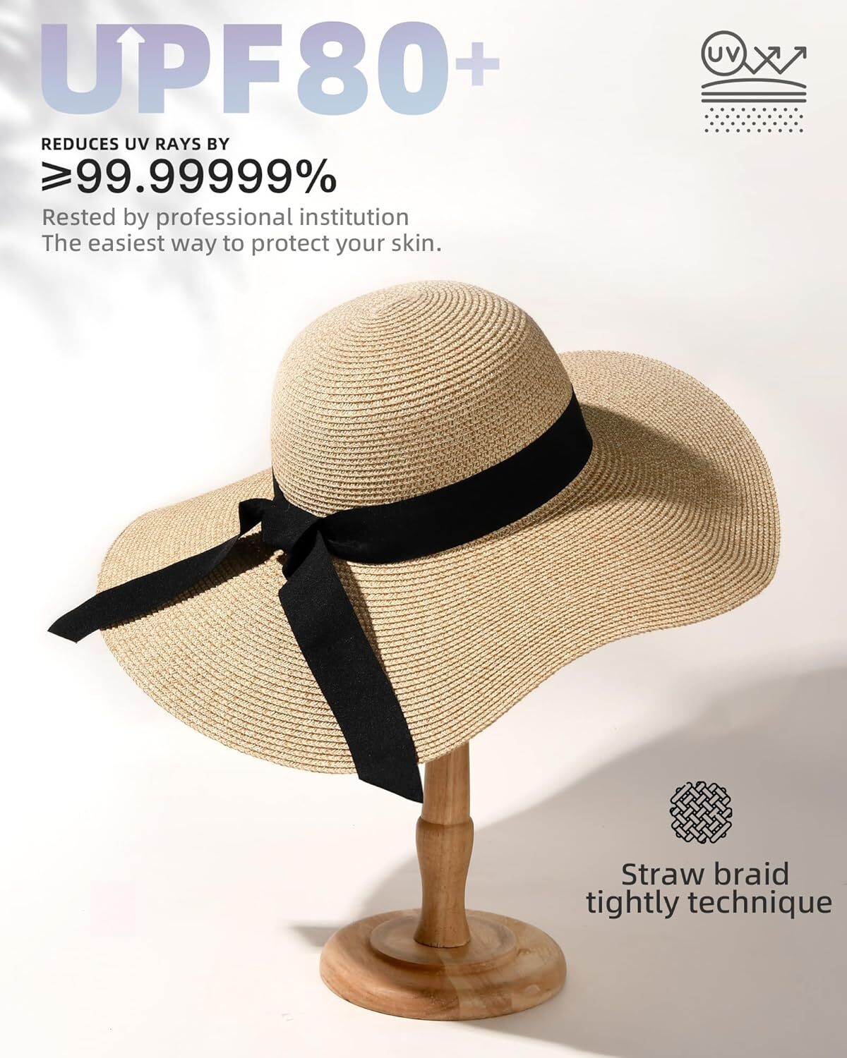 Womens Wide Brim Straw Sun Hat UPF 80 Foldable Packable Floppy Beach Hat - Picture 43 of 51