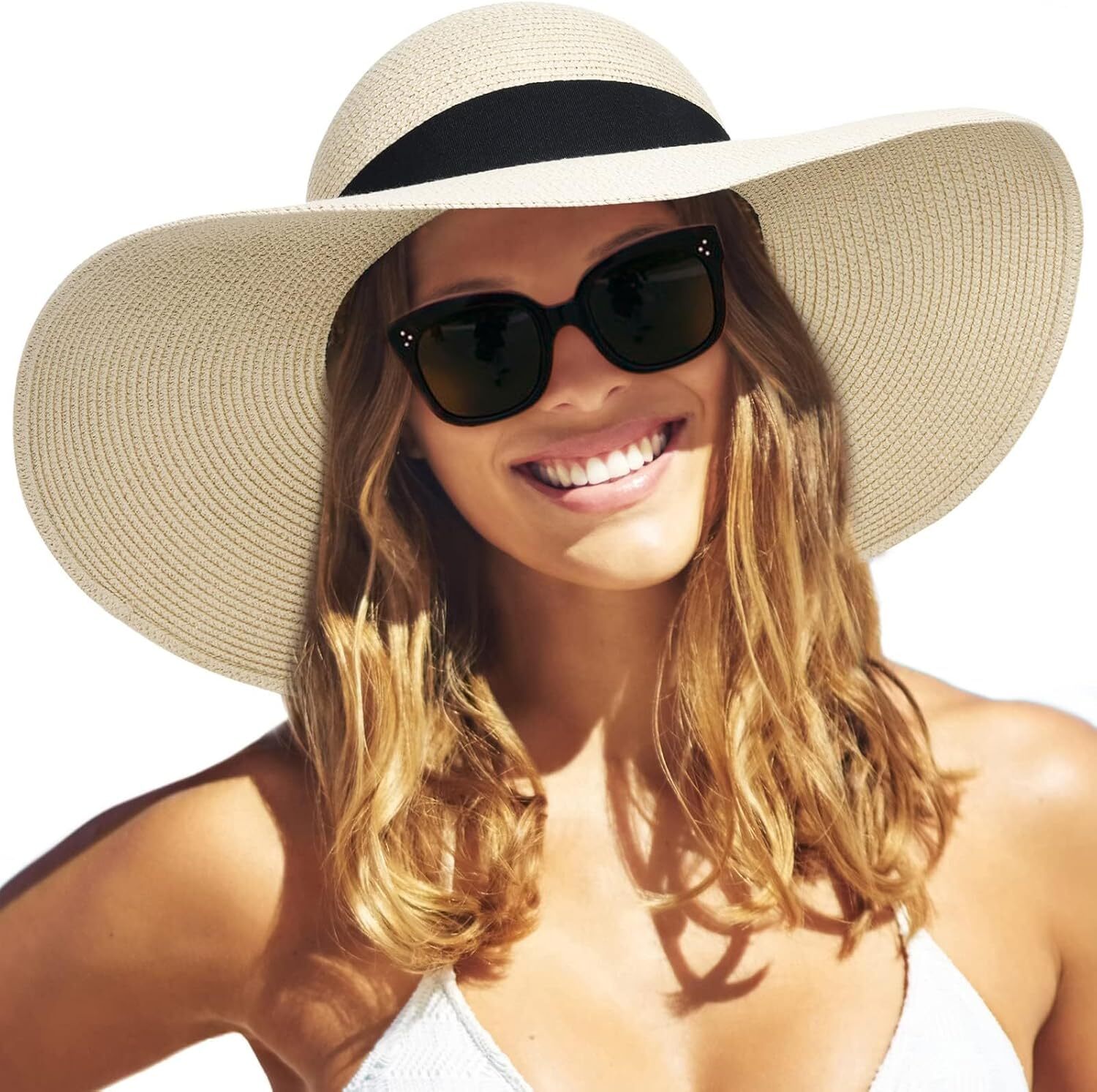 Womens Wide Brim Straw Sun Hat UPF 80 Foldable Packable Floppy Beach Hat - Picture 45 of 51