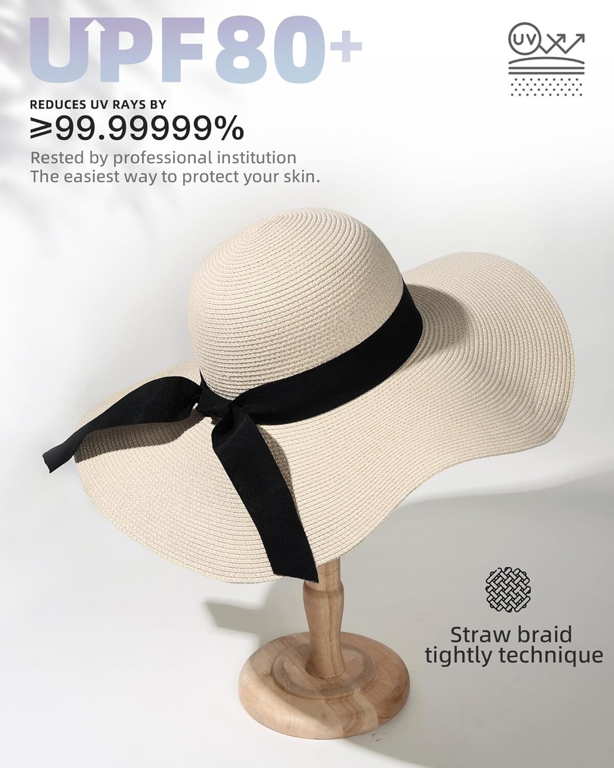 Womens Wide Brim Straw Sun Hat UPF 80 Foldable Packable Floppy Beach Hat - Picture 46 of 51