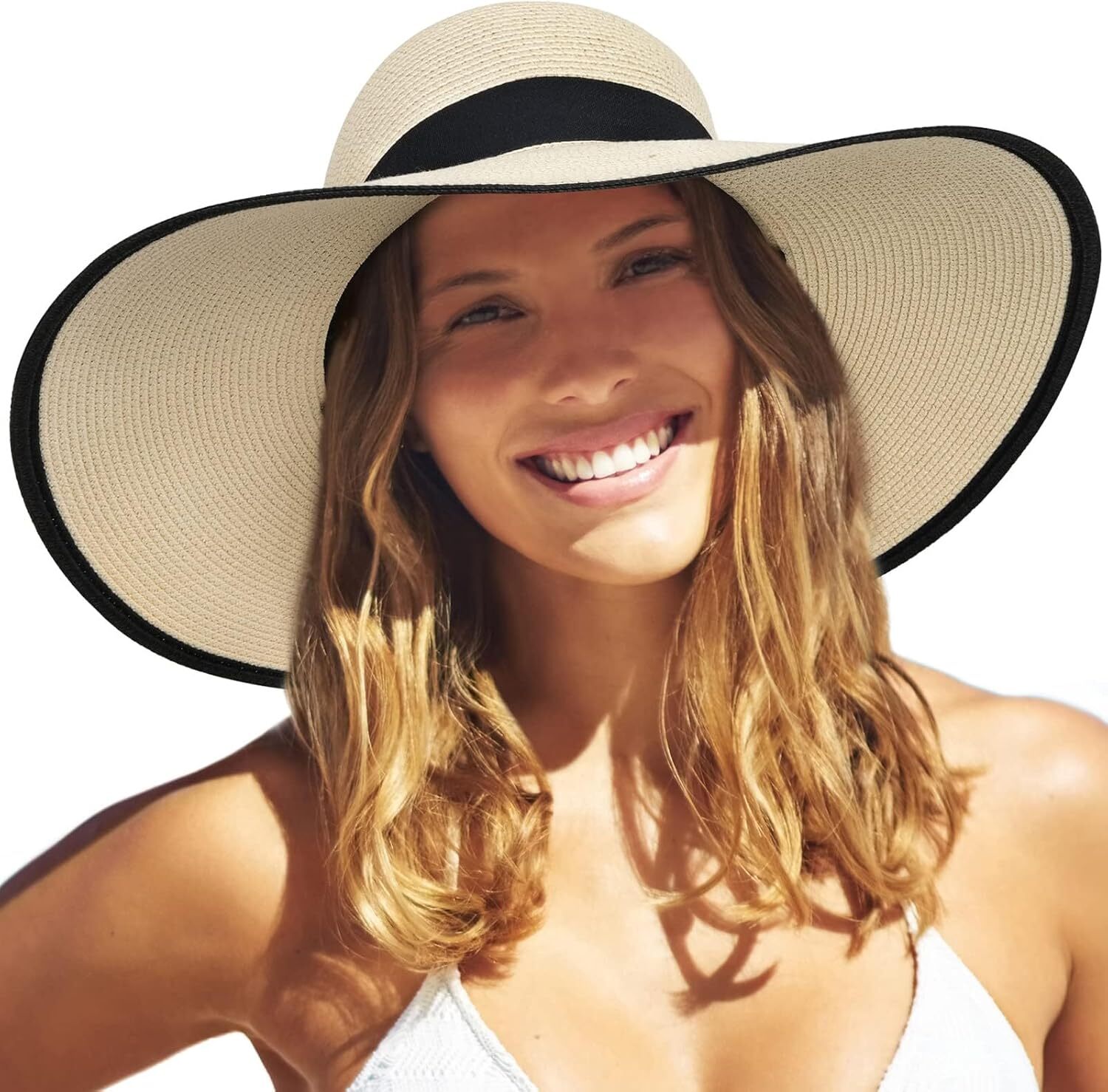 Womens Wide Brim Straw Sun Hat UPF 80 Foldable Packable Floppy Beach Hat - Picture 48 of 51