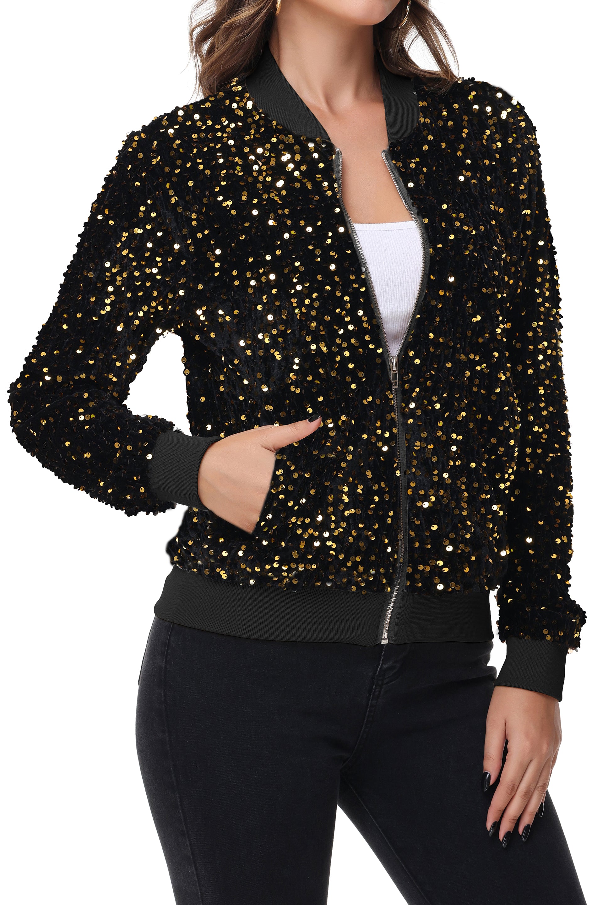 Women's Sparkly Sequin Jacket Zipper Long Sleeve Glitter Sequin Bomber - Picture 28 of 32