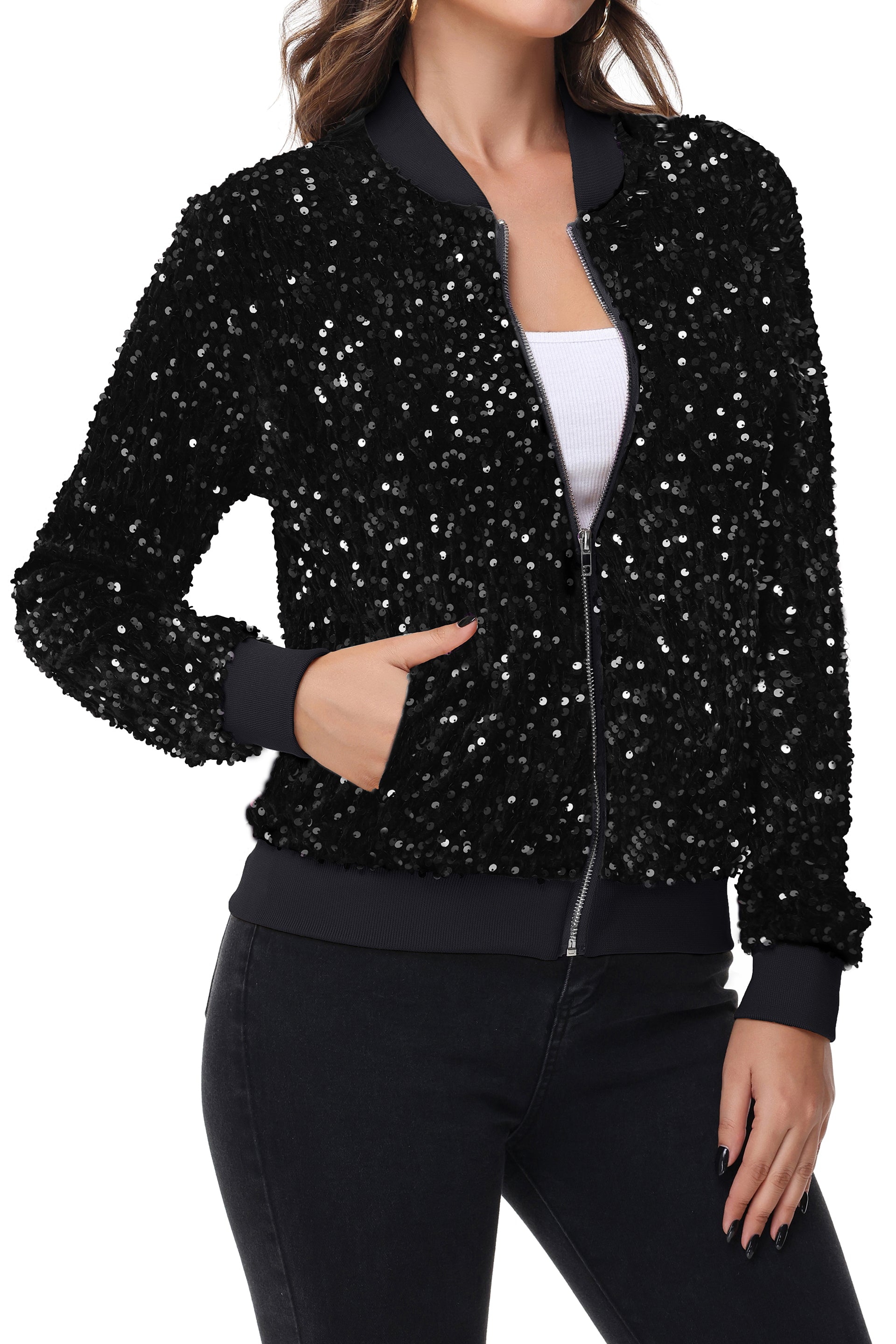 Women's Sparkly Sequin Jacket Zipper Long Sleeve Glitter Sequin Bomber - Picture 29 of 32