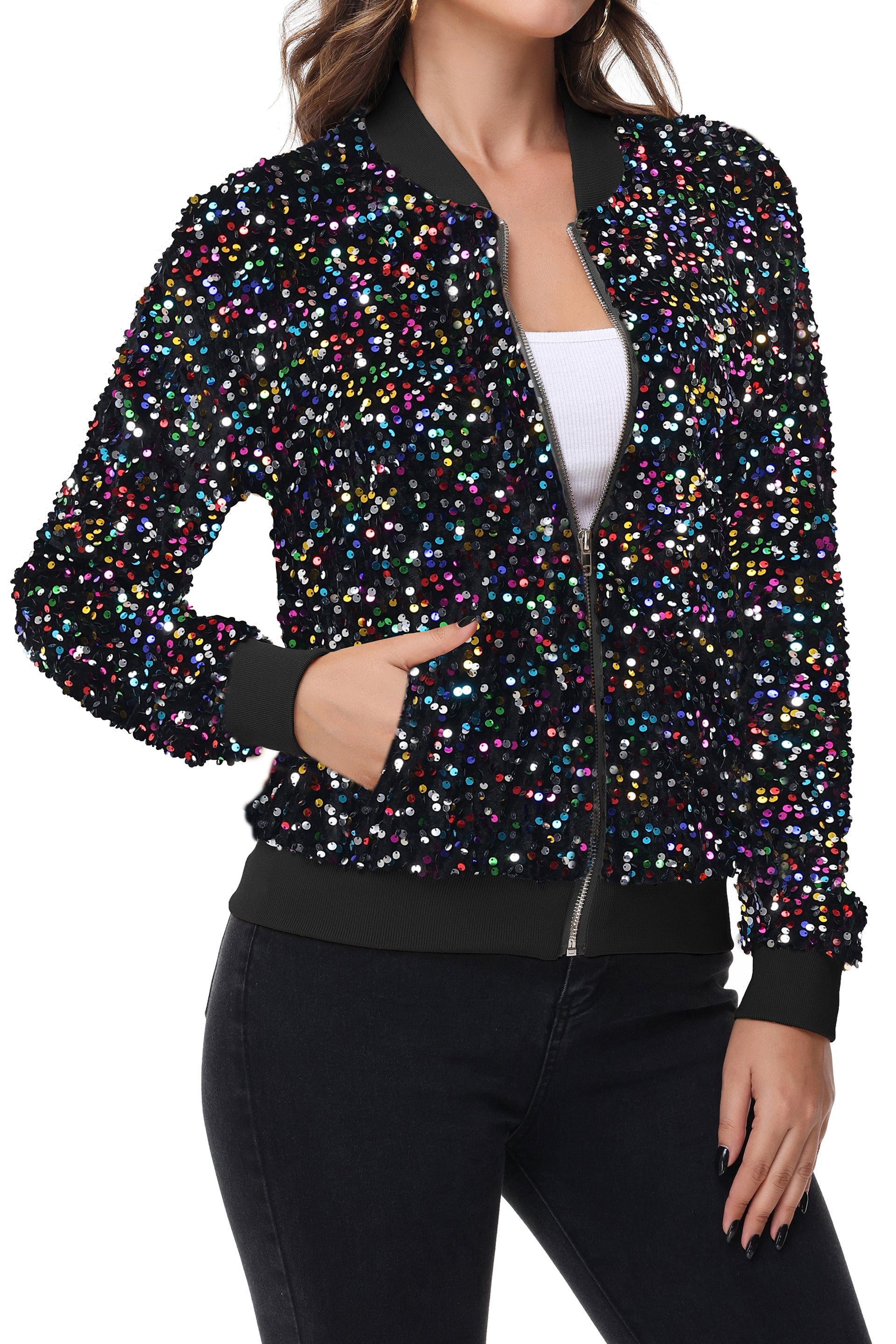 Women's Sparkly Sequin Jacket Zipper Long Sleeve Glitter Sequin Bomber - Picture 30 of 32