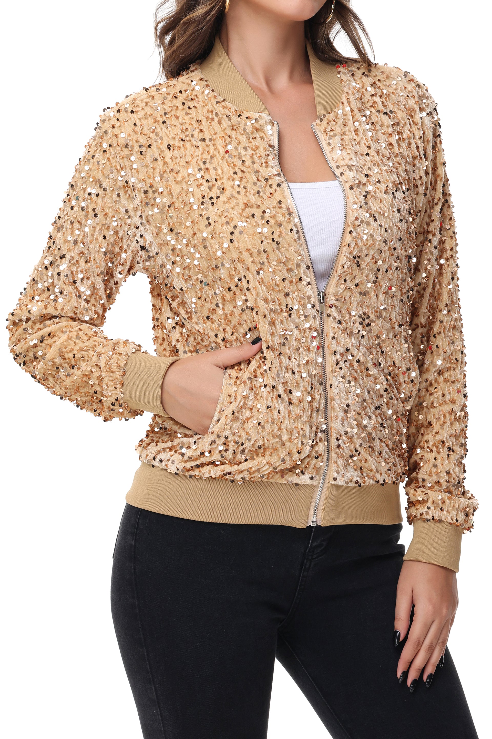 Women's Sparkly Sequin Jacket Zipper Long Sleeve Glitter Sequin Bomber - Picture 31 of 32