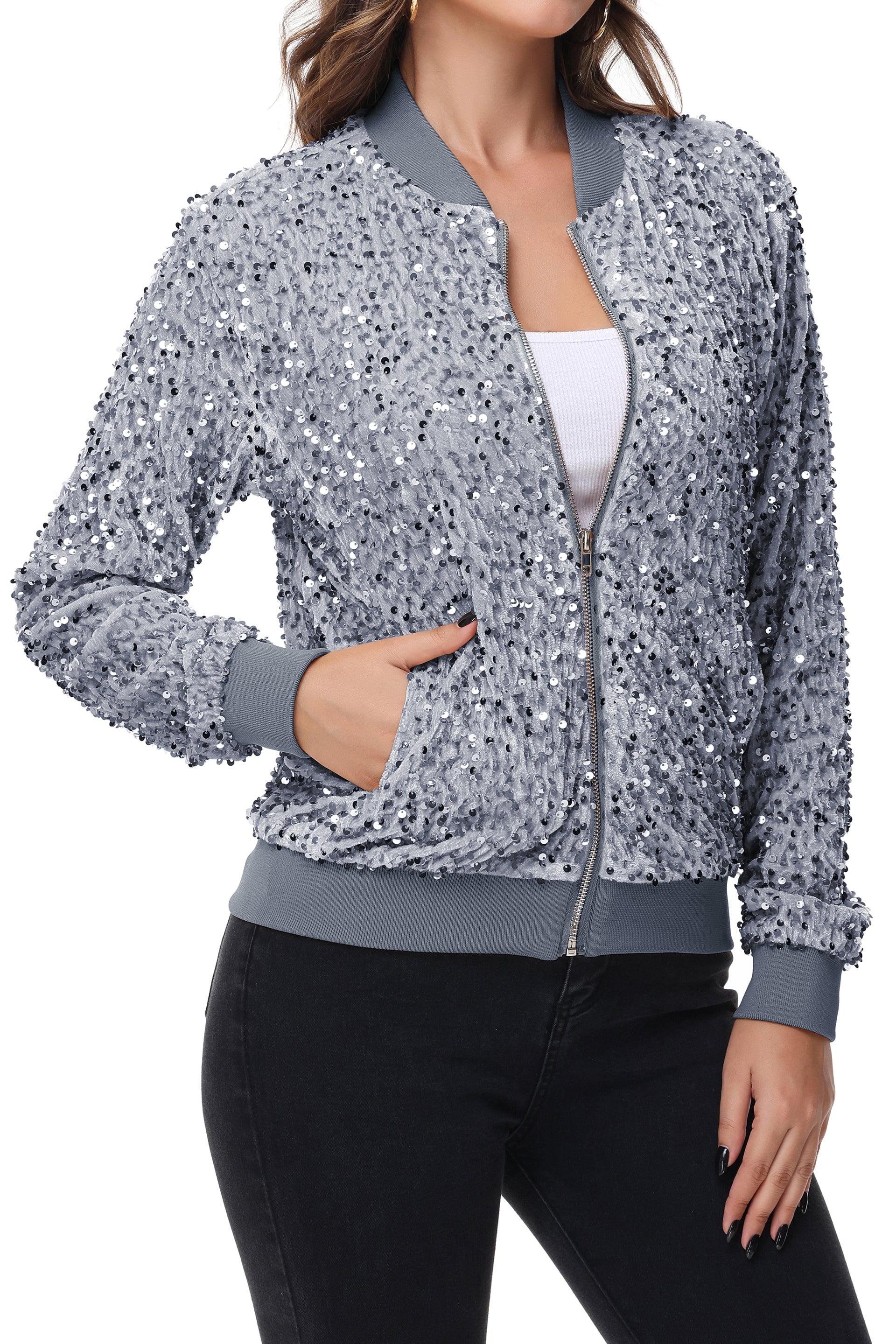 Women's Sparkly Sequin Jacket Zipper Long Sleeve Glitter Sequin Bomber - Picture 32 of 32