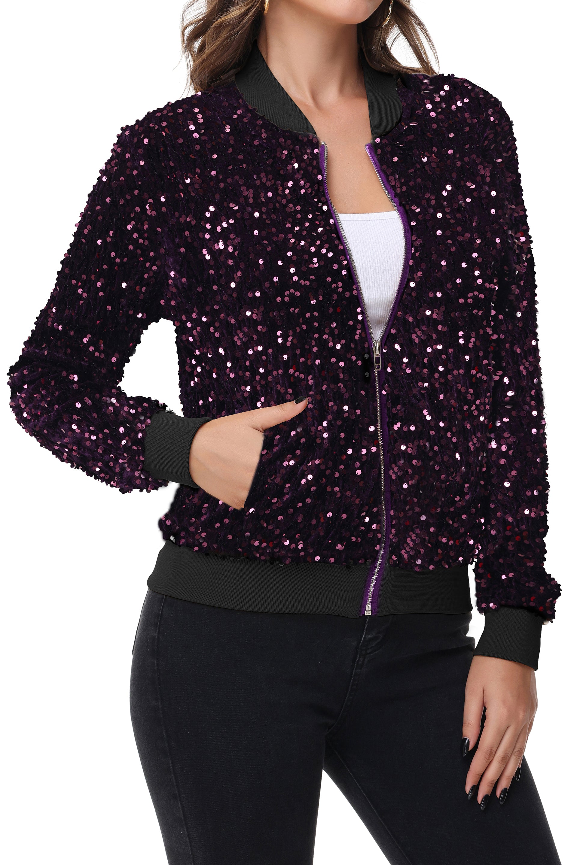Women's Sparkly Sequin Jacket Zipper Long Sleeve Glitter Sequin Bomber - Picture 25 of 32