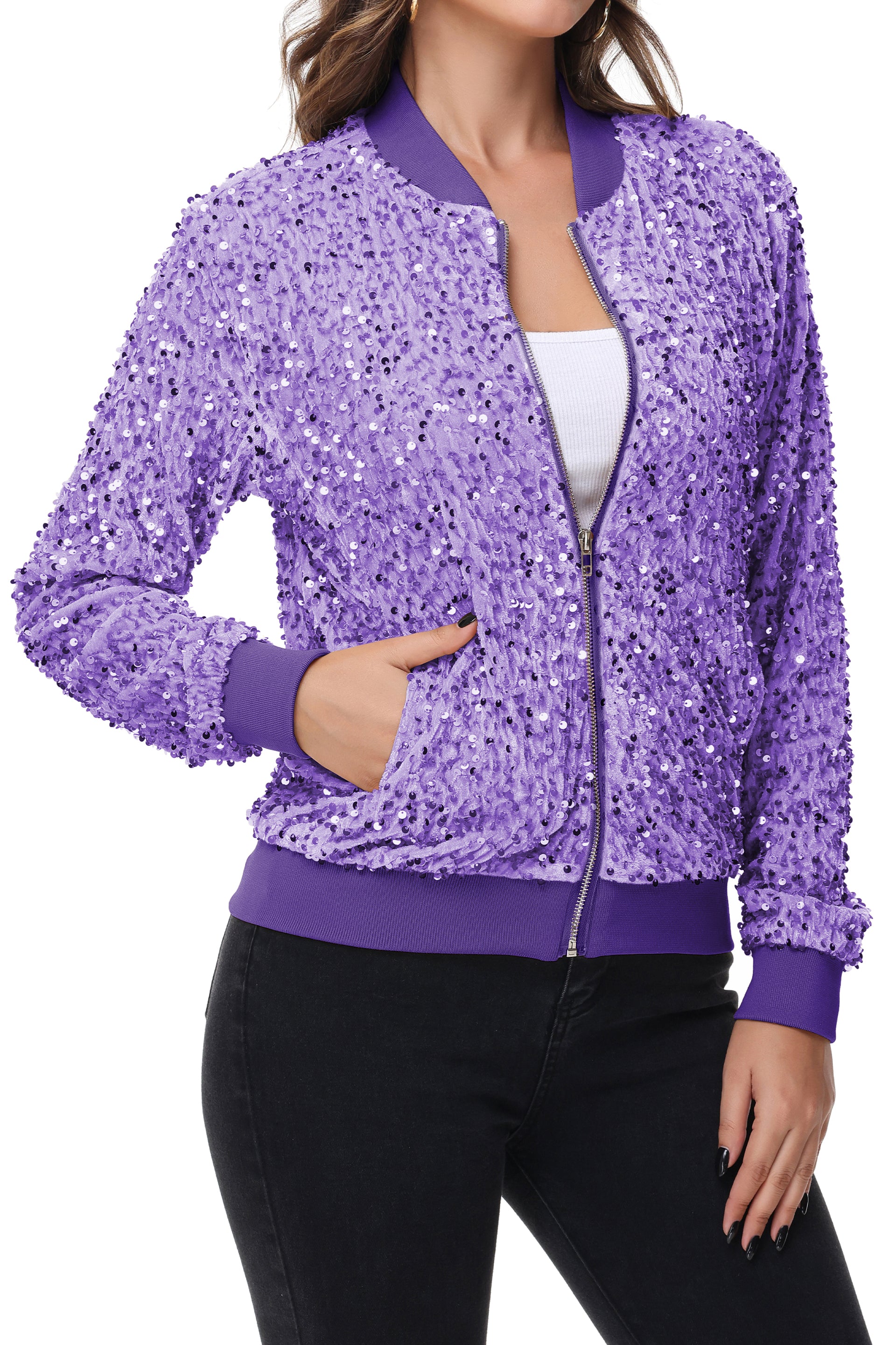 Women's Sparkly Sequin Jacket Zipper Long Sleeve Glitter Sequin Bomber - Picture 26 of 32