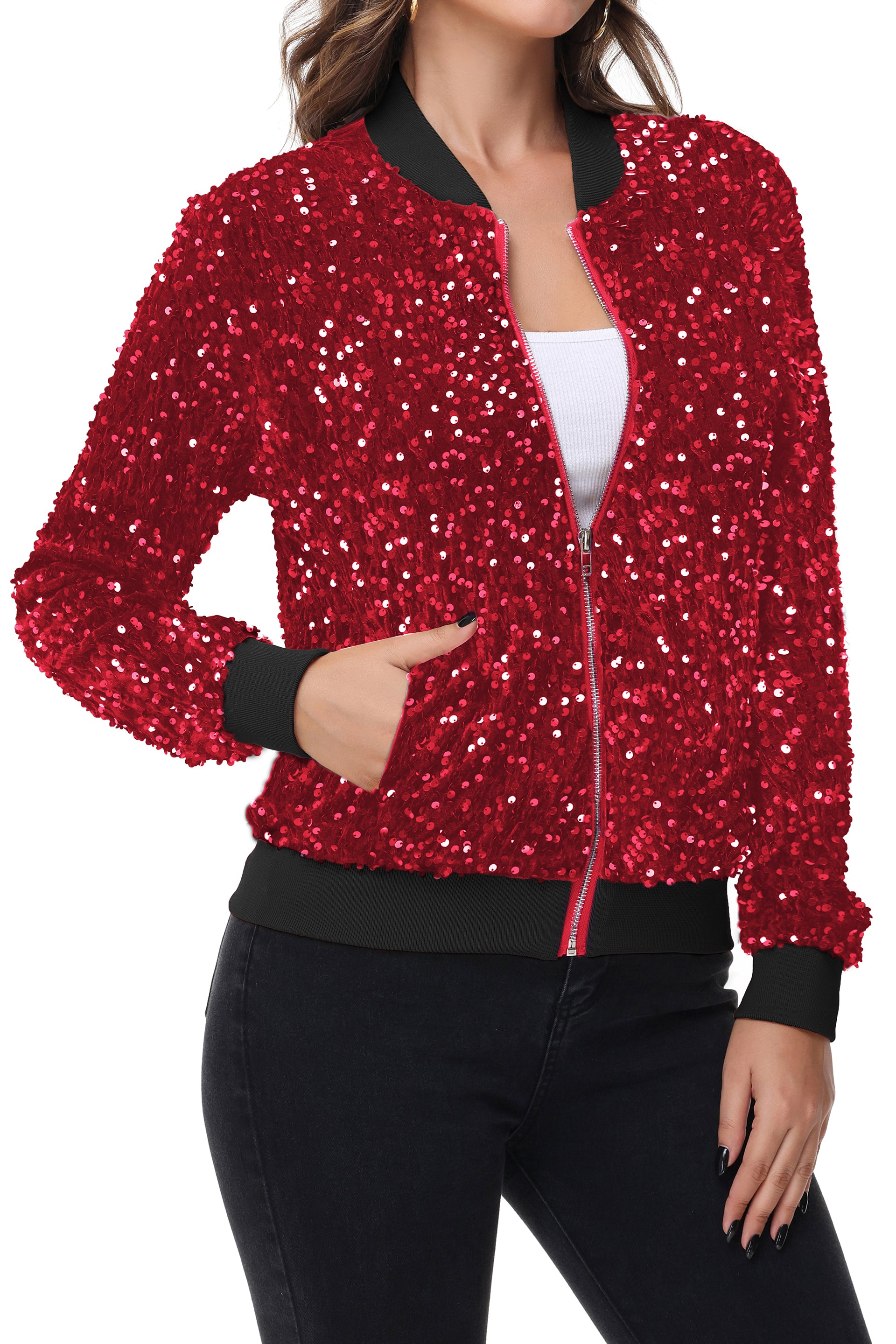 Women's Sparkly Sequin Jacket Zipper Long Sleeve Glitter Sequin Bomber - Picture 27 of 32