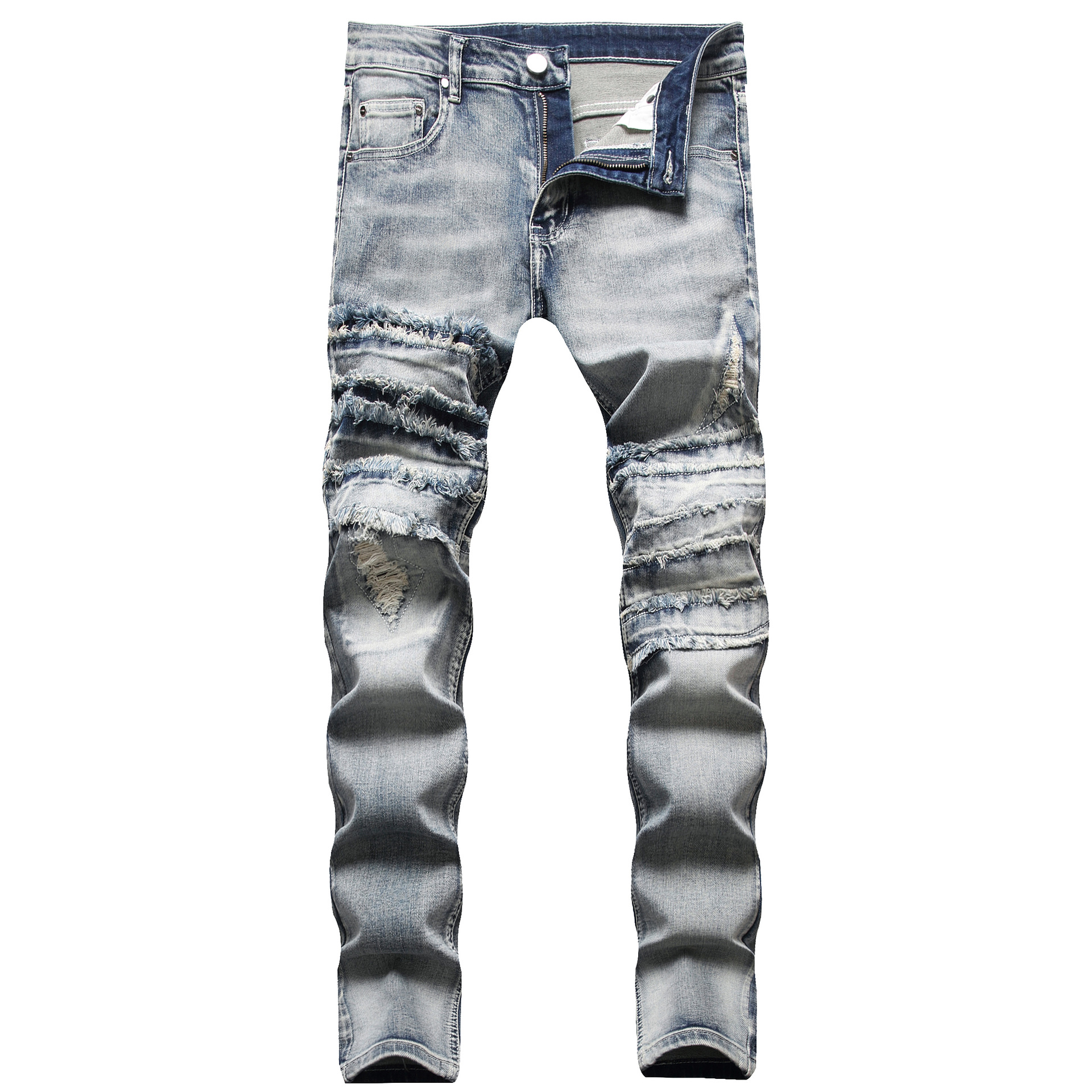 Mens Street Ripped Stretch Jeans Pant Vintage Skinny Frayed Biker Denim Trousers - Picture 25 of 32
