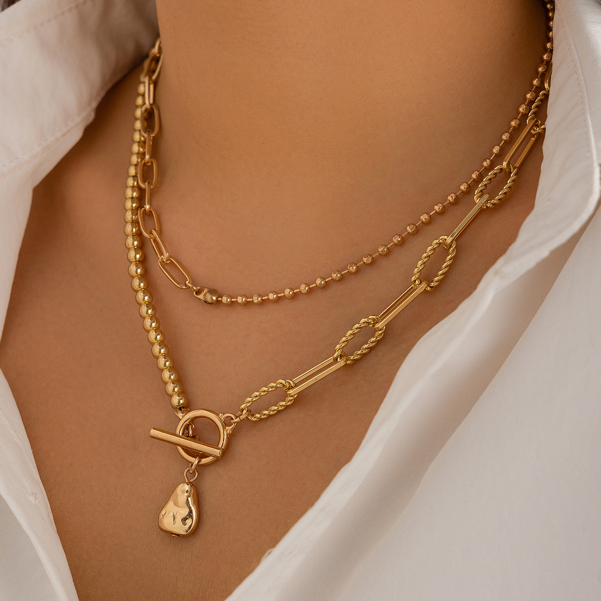 Jewelry Imitation Pearl Necklace Round Bead Chain Layered Necklace - 第 18/23 張圖片