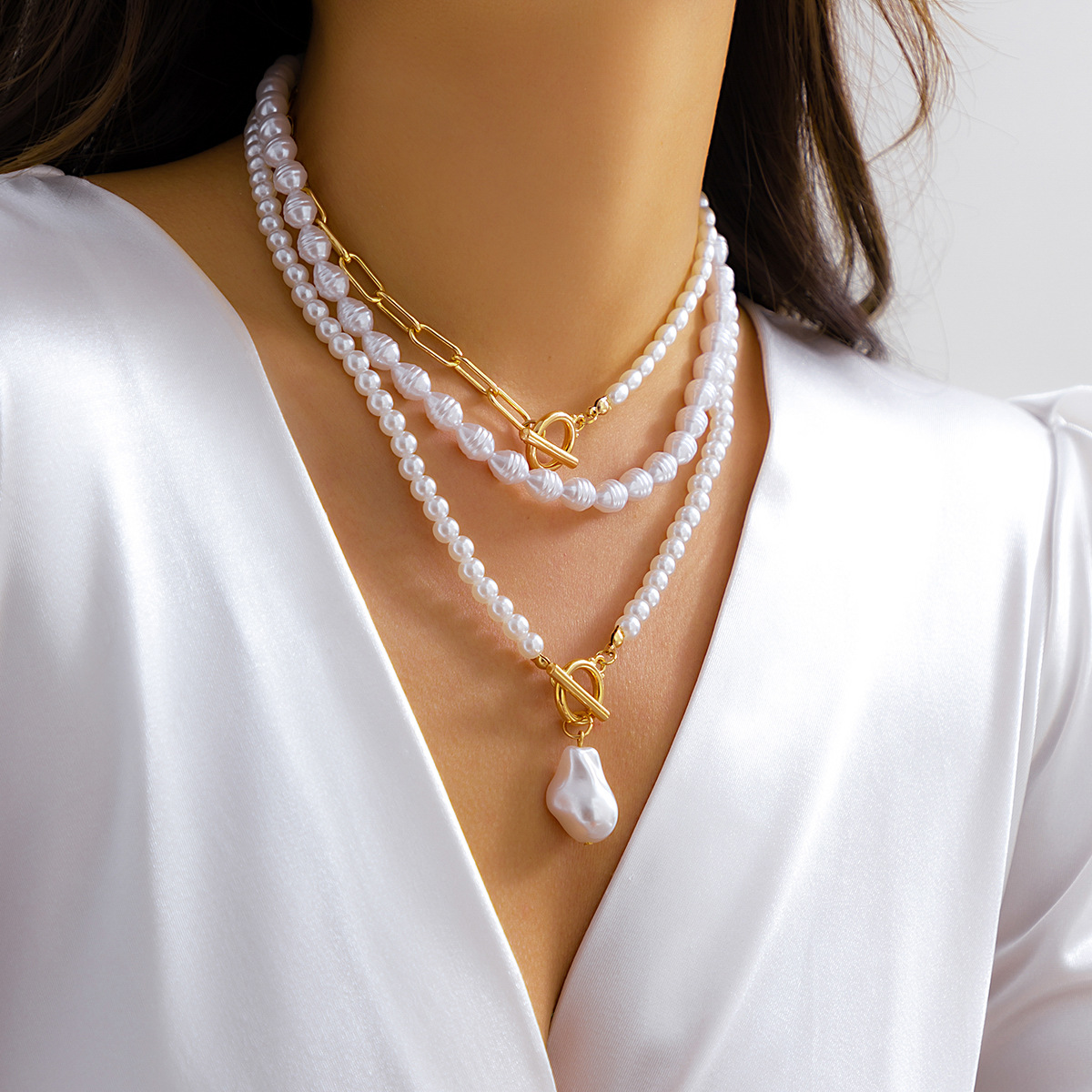 Jewelry Imitation Pearl Necklace Round Bead Chain Layered Necklace - 第 22/23 張圖片