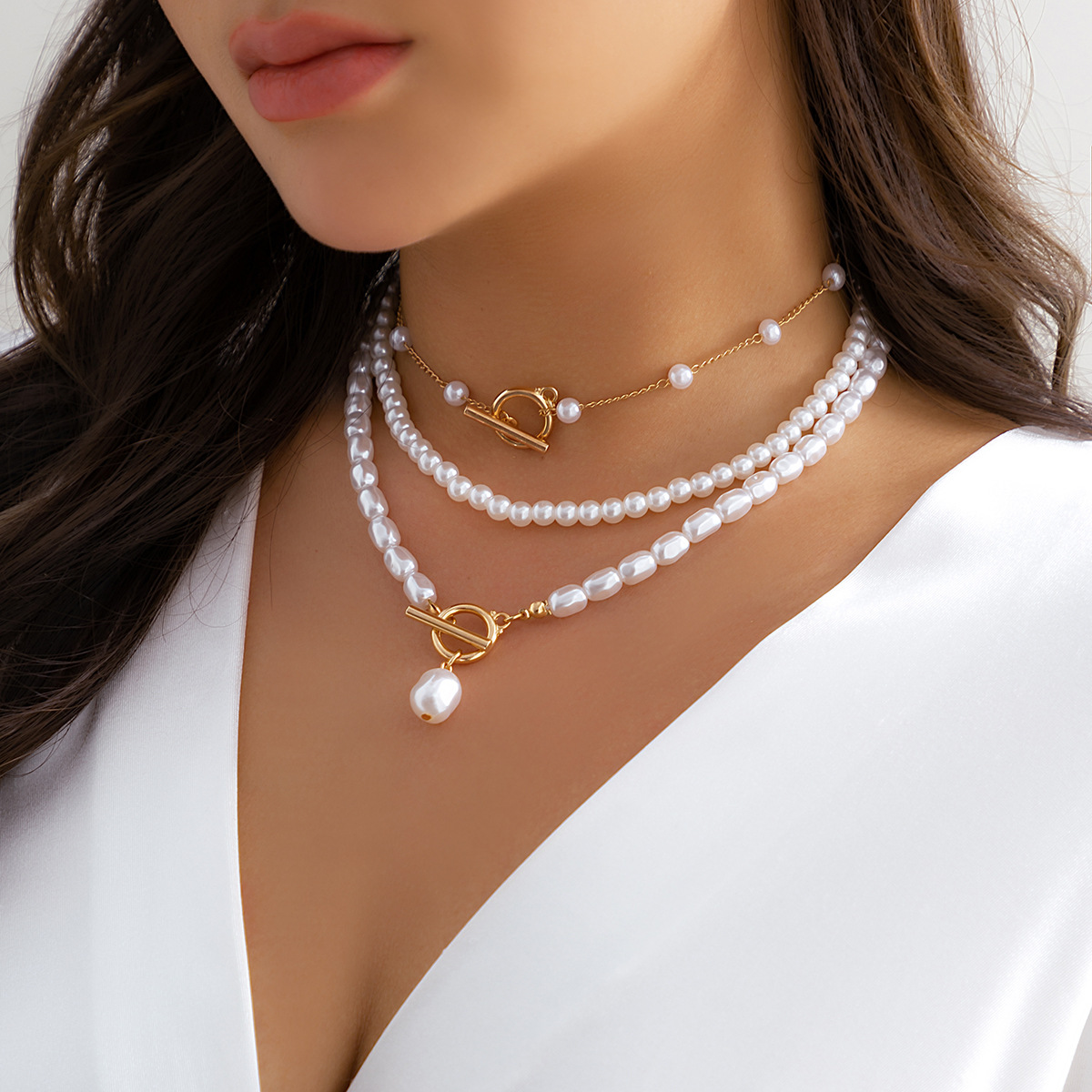 Jewelry Imitation Pearl Necklace Round Bead Chain Layered Necklace - 第 23/23 張圖片