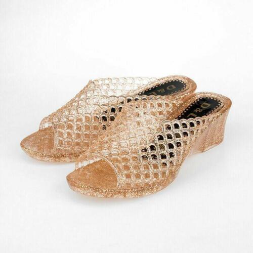 On Jelly Slippers Wedge Mid Heel Clear Sandals Slip Peep Toe Shoes Beach Womens