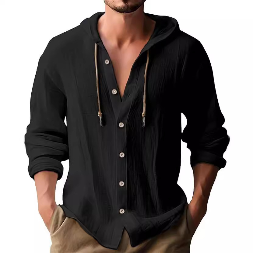 New men's hooded T-shirt solid color cotton linen men's casual long sleeved top - Picture 25 of 28