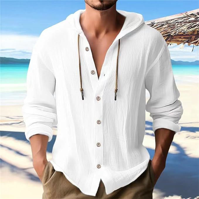 New men's hooded T-shirt solid color cotton linen men's casual long sleeved top - Picture 24 of 28