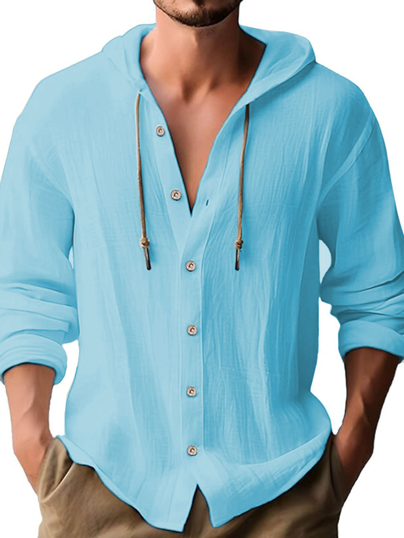 New men's hooded T-shirt solid color cotton linen men's casual long sleeved top - Picture 27 of 28