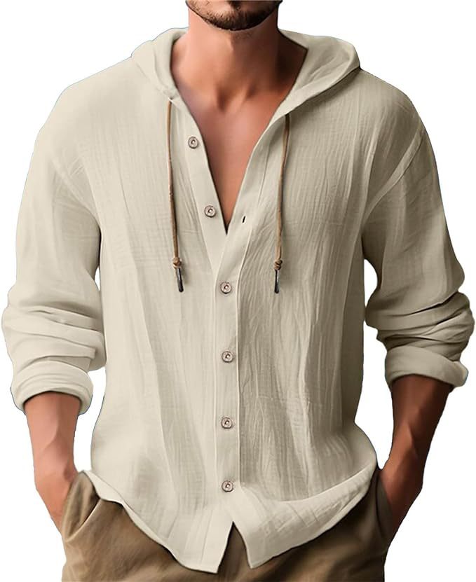 New men's hooded T-shirt solid color cotton linen men's casual long sleeved top - Picture 28 of 28