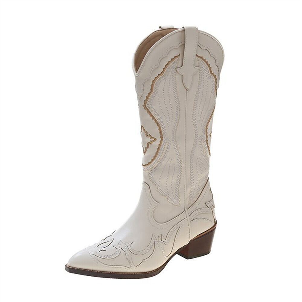 Womens Pointed Toe Knight Embroidered Lady Western Cowboy Fashion Mid Calf Boots