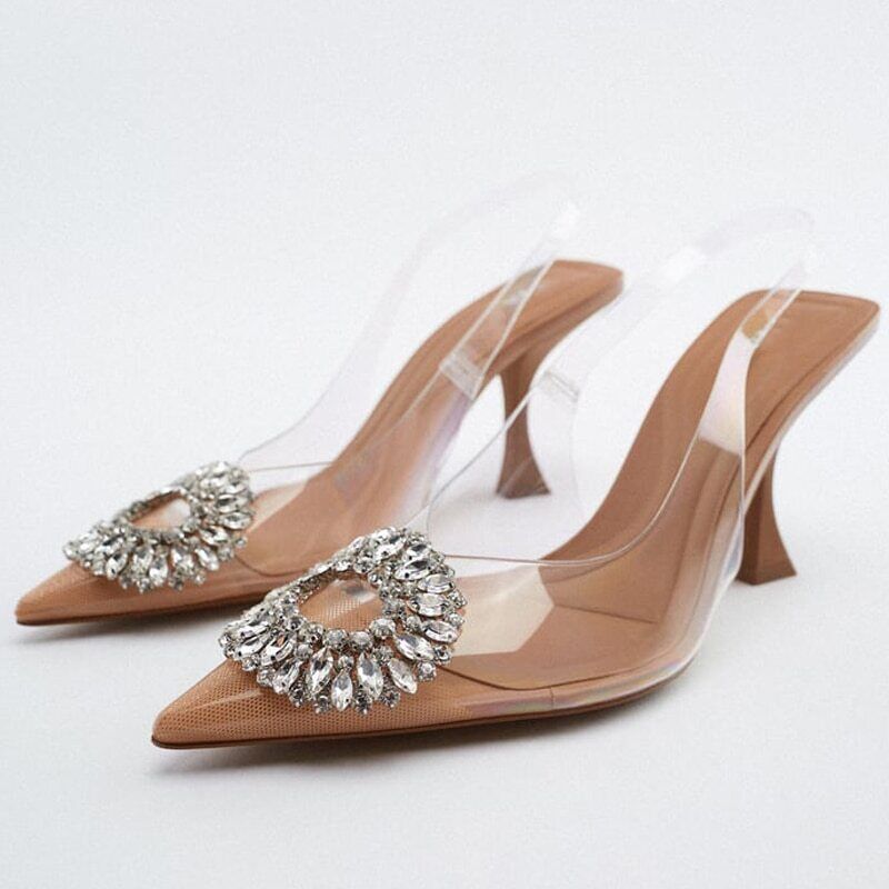 Womans Pointed Toe Transparent Pumps Shoes Ladines Rhinestone High Heels Sandals - Picture 8 of 8