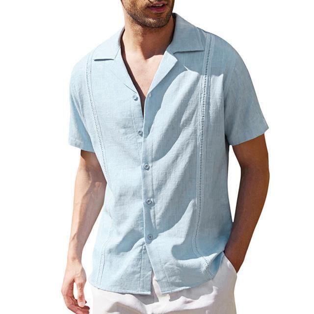 Mens Short Sleeve Linen Shirt Button Down Shirt Cuban Guayabera Summer Beach Top - Picture 18 of 20