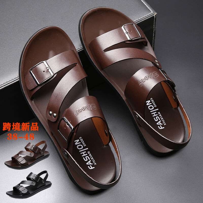 Men's Summer Pull On Flat Leather Casual Flat Sandals Slippers Round Toe Shoes - Picture 10 of 10