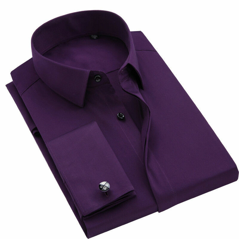 Mens Dress Shirts Long Sleeves French Cuff Non-Iron Formal Business Shirts Tops - Picture 16 of 21