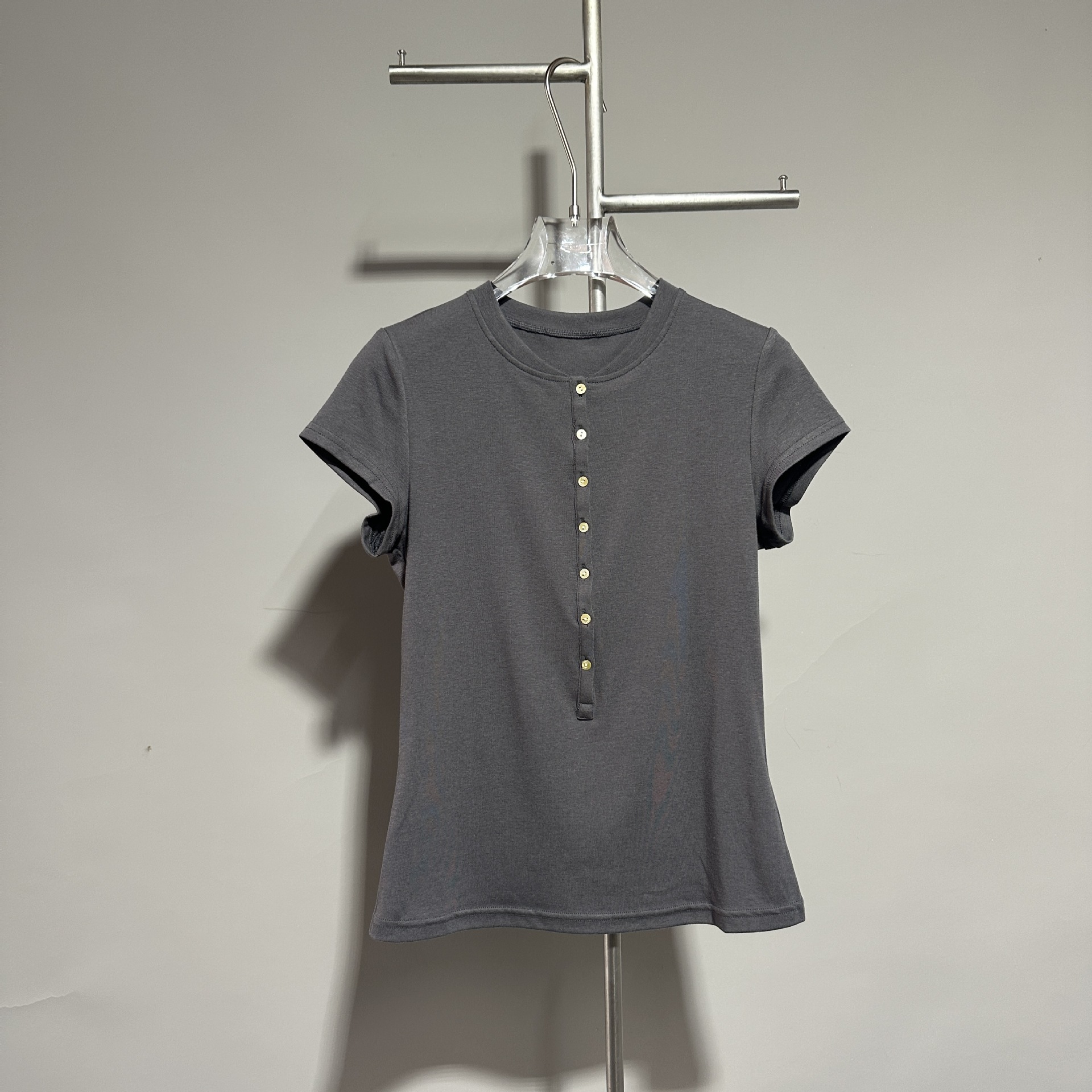 Henry collar short sleeved tight fitting slimming stretch cotton T-shirt for - Picture 24 of 26