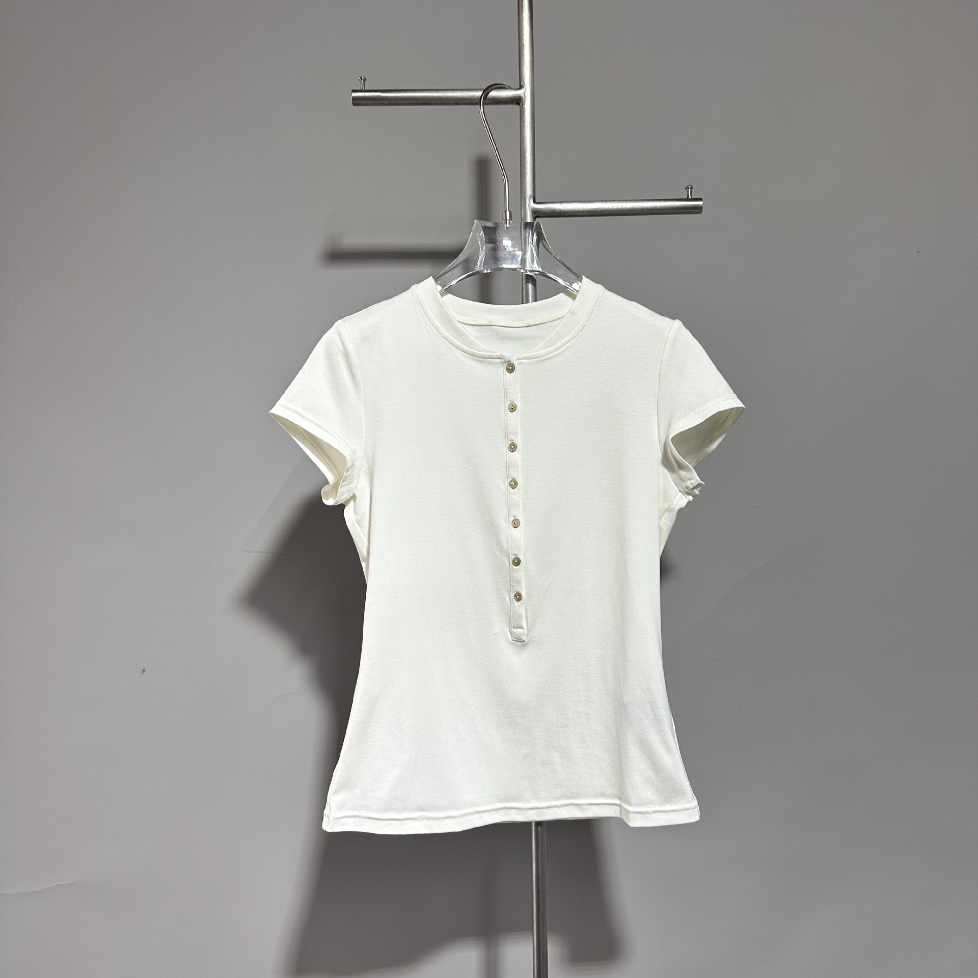 Henry collar short sleeved tight fitting slimming stretch cotton T-shirt for - Picture 26 of 26