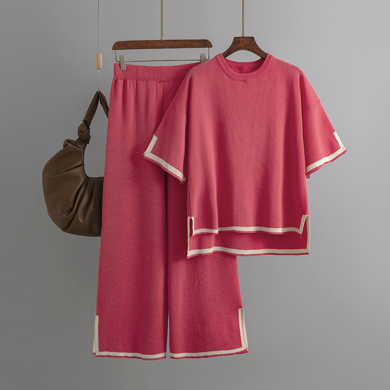 Kurzarm Strickshirt + High Waist Schlankmacher Hose mit weitem Bein, zweiteiliges Set Pa - Bild 24 von 31